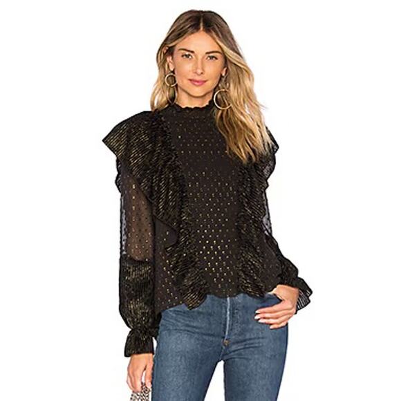 Rachel Zoe Sienna Black Gold Ruffle Fil Coupe Long Sleeve Blouse F18T281 Small 4 - Picture 1 of 7